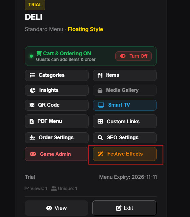 Festive Effects Button on Menu Card